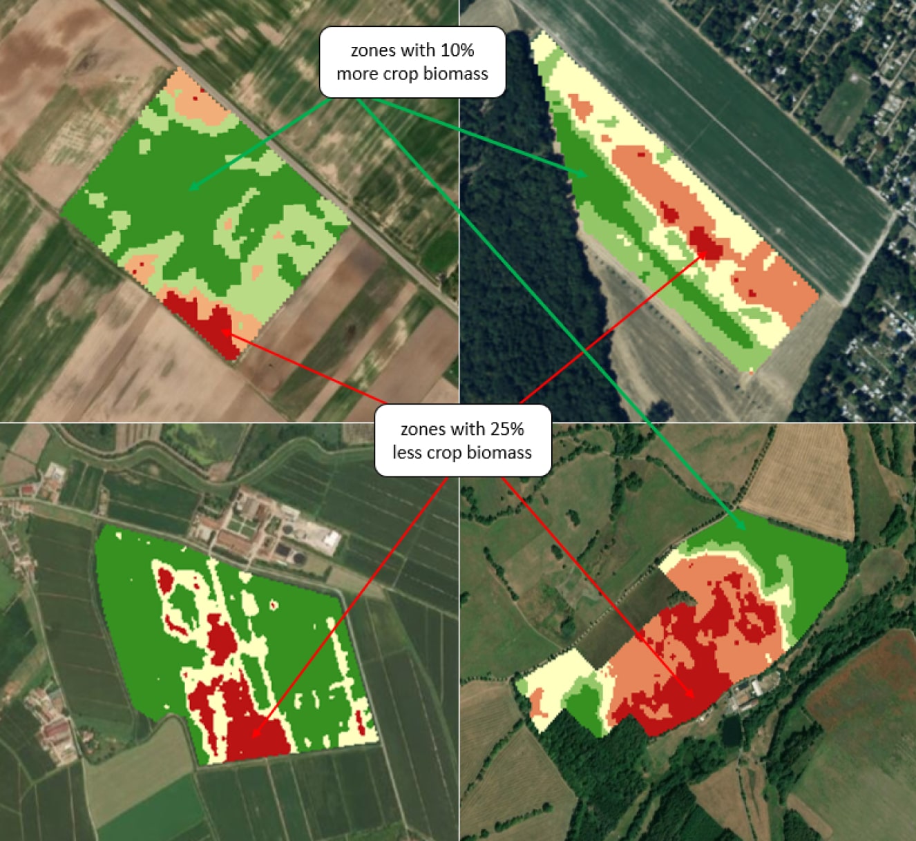 Satellite images displaying agricultural fields with color-coded biomass zones indicating variations in crop growth