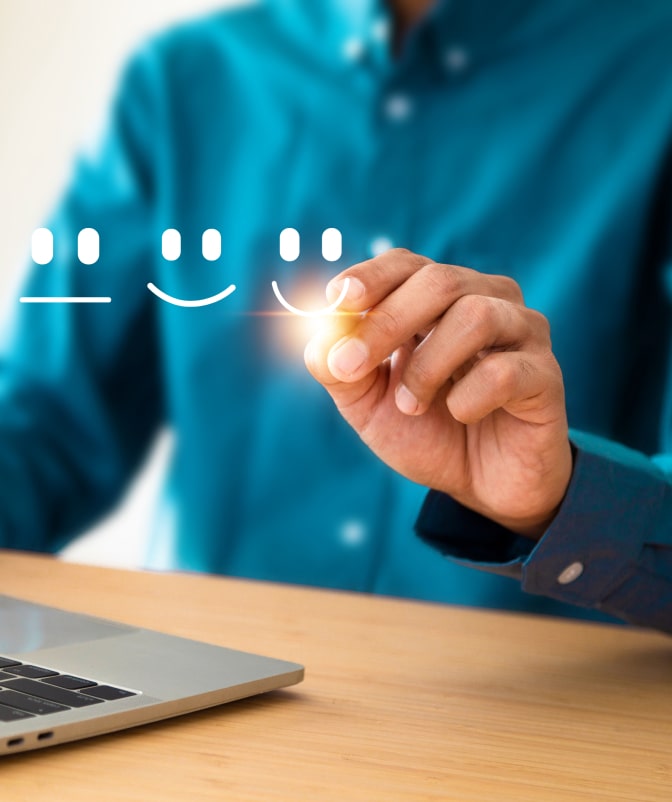 Hand selecting a glowing smiley face on a digital rating scale, symbolizing positive customer feedback