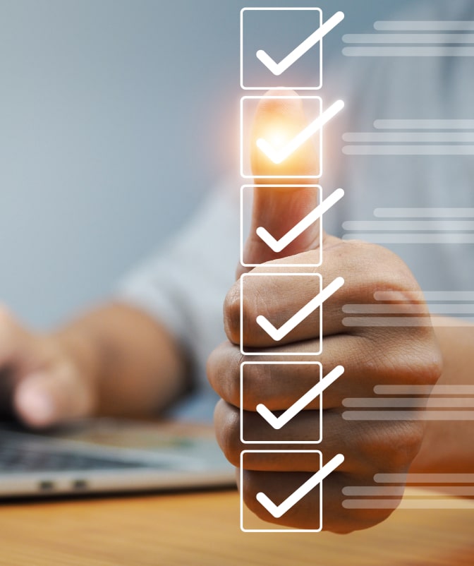 Close-up of a hand interacting with a virtual checklist, confirming completed tasks in a digital workflow