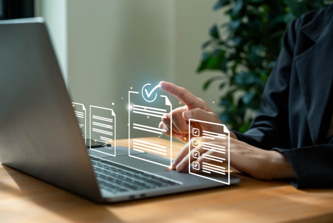 A business professional using a laptop to verify digital documents with futuristic holographic checklists and contract icons.