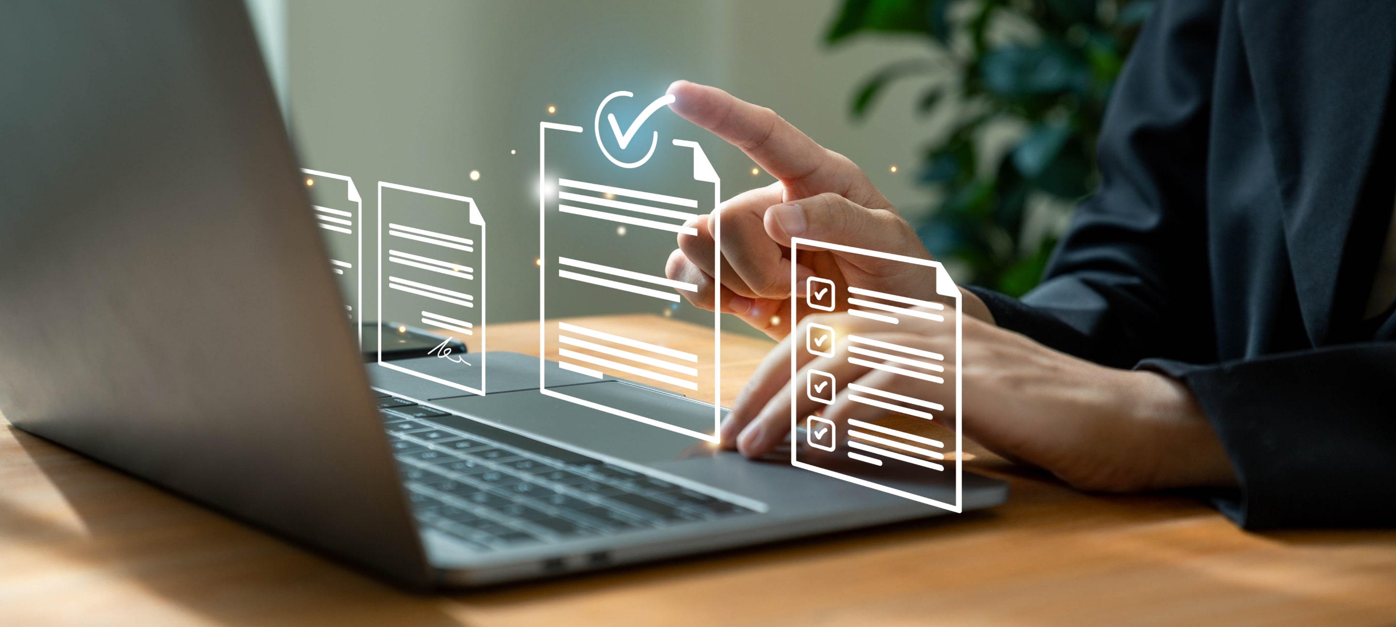 A business professional using a laptop to verify digital documents with futuristic holographic checklists and contract icons.