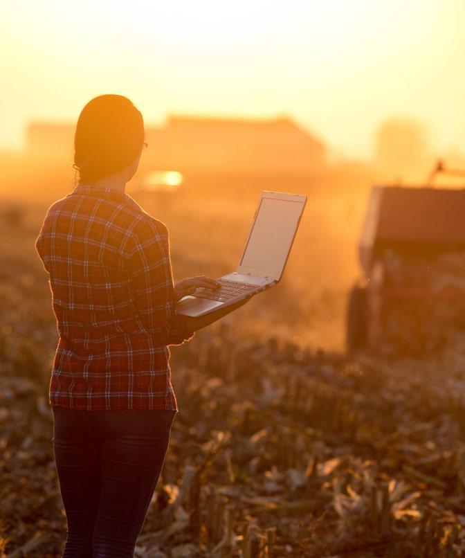 Woman in a plaid shirt analyzing farm data on a laptop in a harvested field, with agricultural machinery in the background under golden sunlight