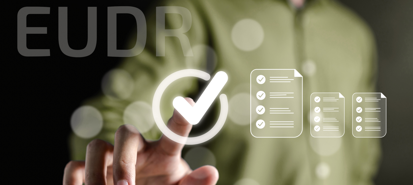 Hand touching a digital checkmark with EUDR compliance icons in the background