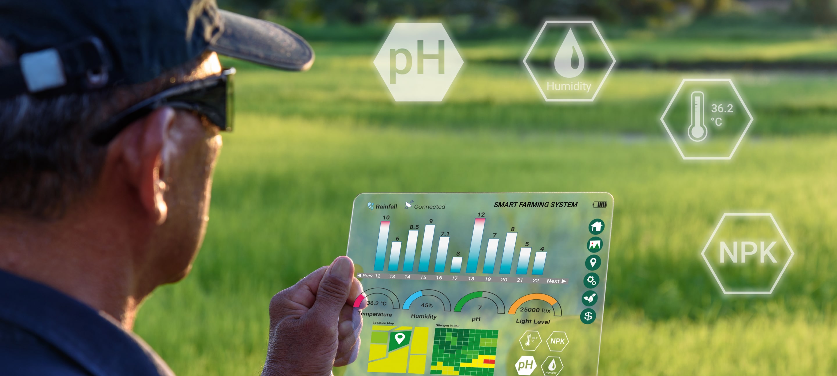 A farmer analyzing crop data on a transparent digital tablet with augmented reality elements, displaying pH, humidity, temperature, and nutrient levels in a green field