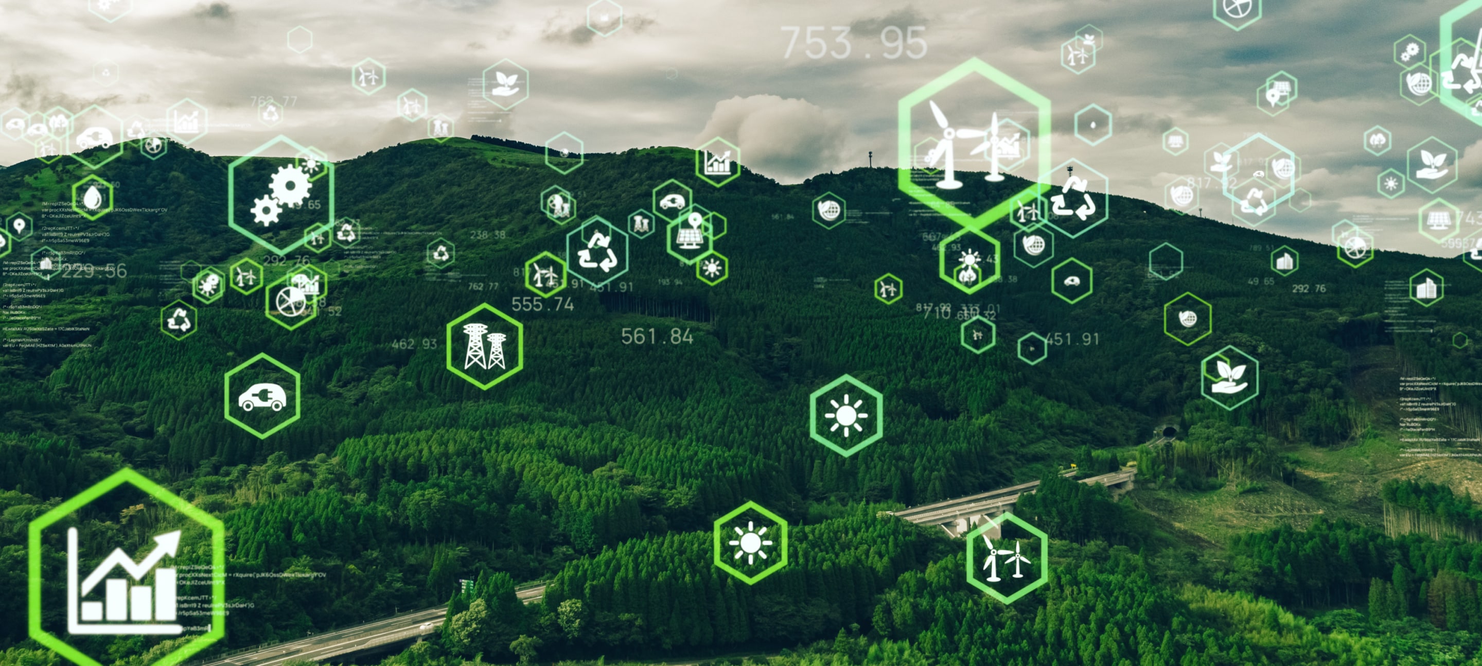 A lush green landscape with digital icons representing renewable energy, sustainability, and environmental technology