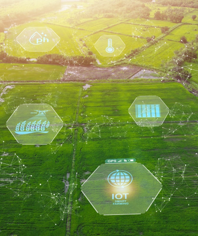 Aerial view of agricultural fields with digital IoT farming technology icons overlayed, showcasing data-driven precision farming