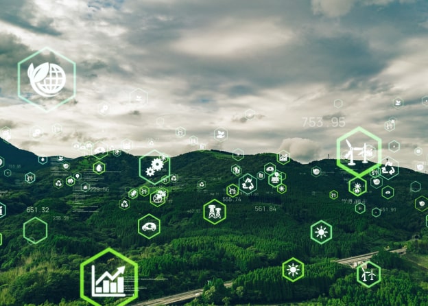 A lush green landscape with digital icons representing renewable energy, sustainability, and environmental technology