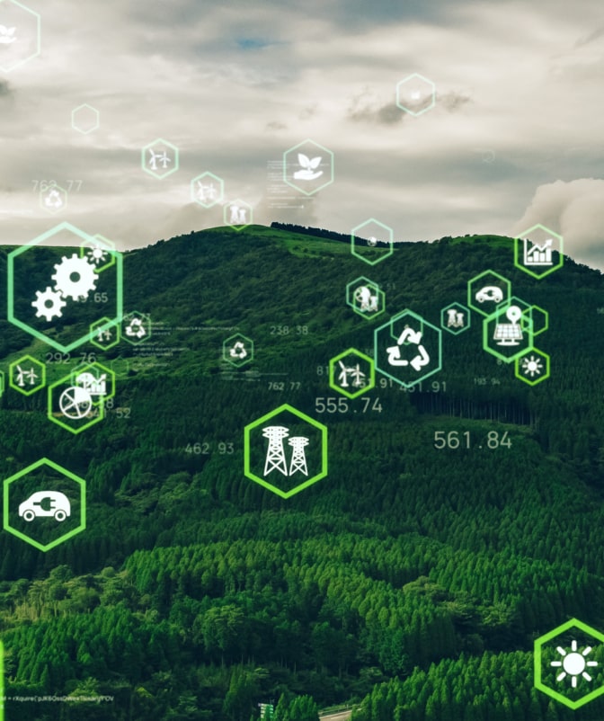 Green forest landscape with digital overlay of sustainability icons, representing renewable energy, recycling, and environmental monitoring.