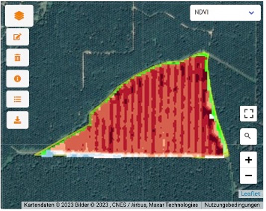 NDVI satellite analysis map displaying vegetation health, highlighting potential deforestation areas near a forest boundary