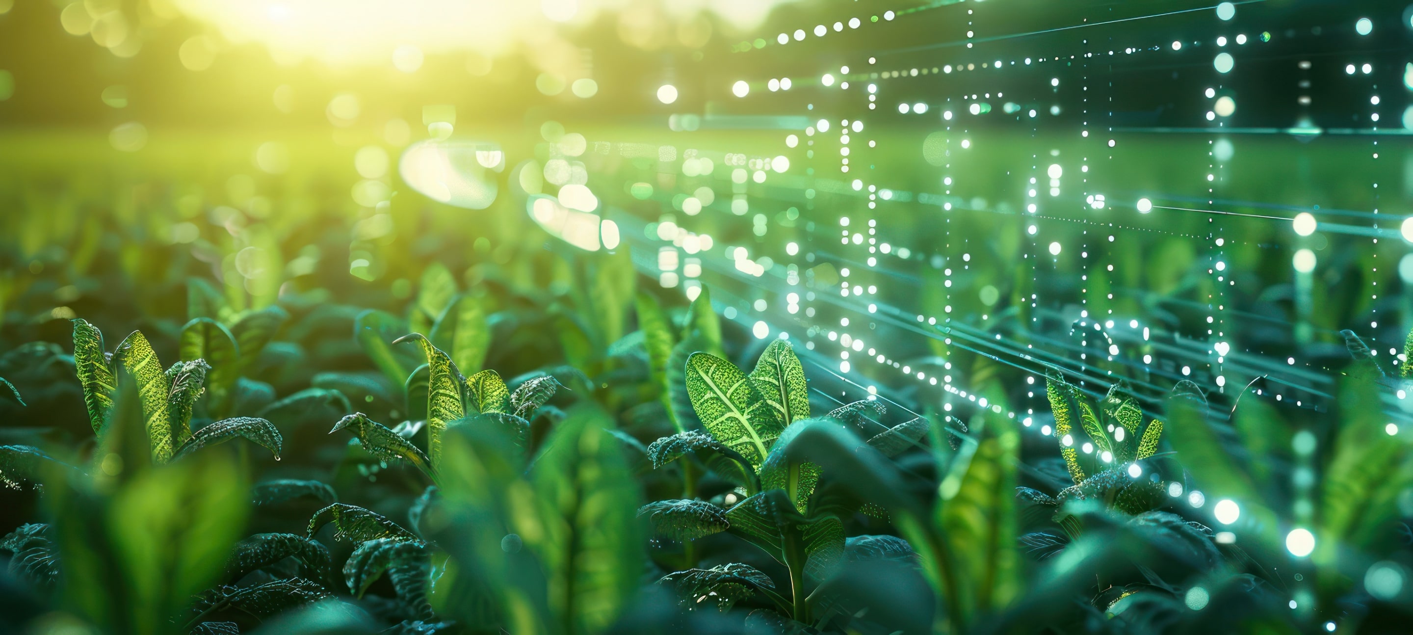 Close-up of green plants with futuristic digital data visualization, symbolizing AI-driven smart farming and agricultural innovation