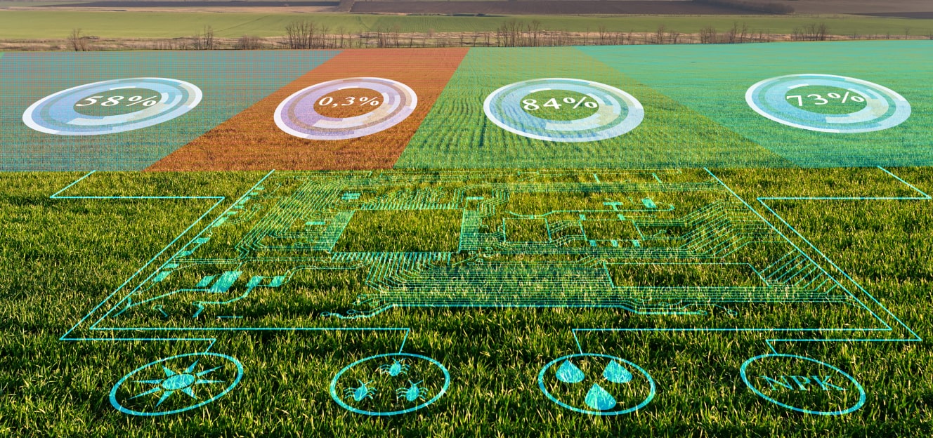 Agricultural field with futuristic digital overlays displaying soil moisture, nutrient levels, and crop health data for precision farming