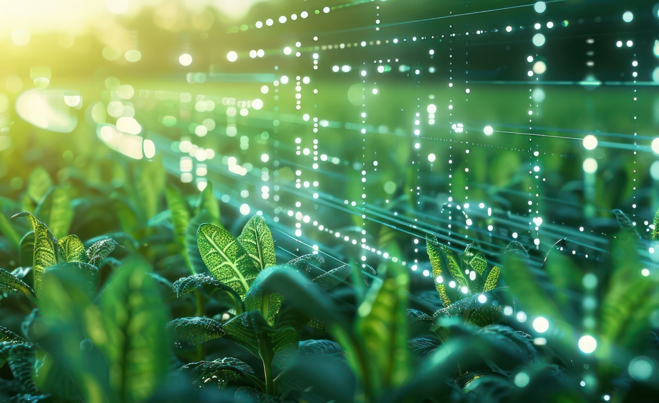 Close-up of green plants with digital data overlays representing smart farming technology and precision agriculture.