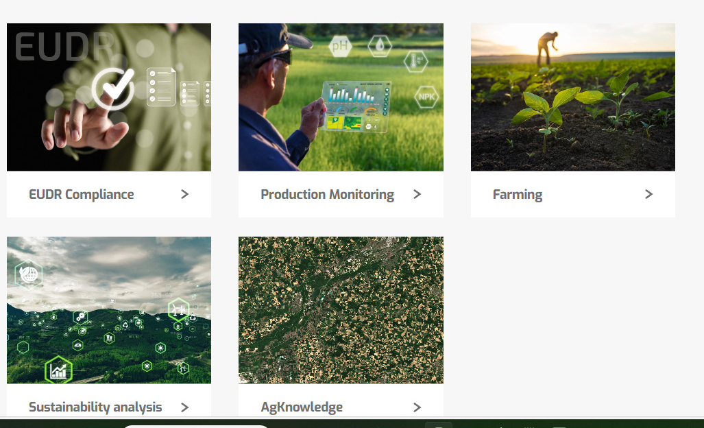 Dashboard displaying digital services for agriculture, including EUDR compliance, production monitoring, farming, sustainability analysis, and AgKnowledge insights.