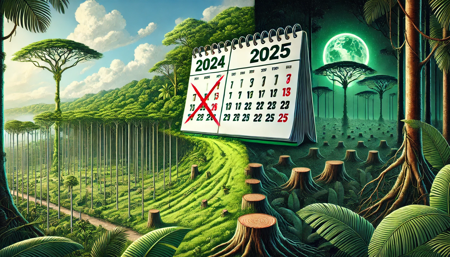 Illustration showing deforestation over time with a calendar transitioning from 2024 to 2025, depicting a lush forest turning into barren land under a dark sky.